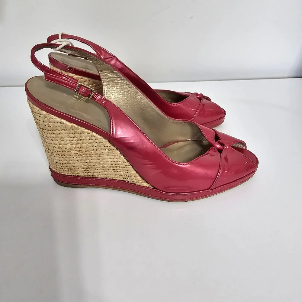 sz 9.5 M Stuart Weitzman Pink Tan Espadrille Wedge Sandals Slingback Patent - Picture 7 of 8